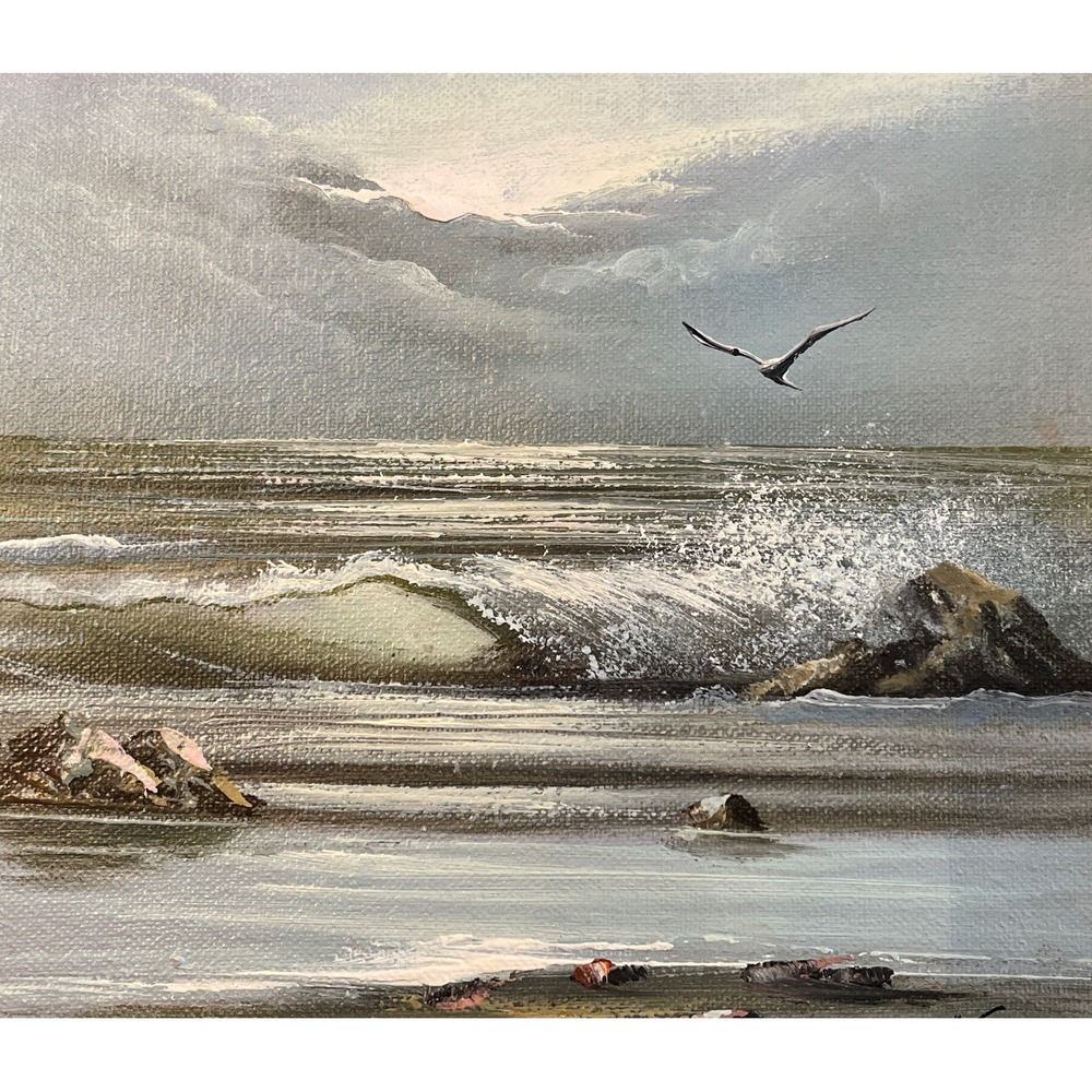 Vintage Midcentury Oil Painting on Canvas Signed K. Hendrick Seacape Beach Ocean